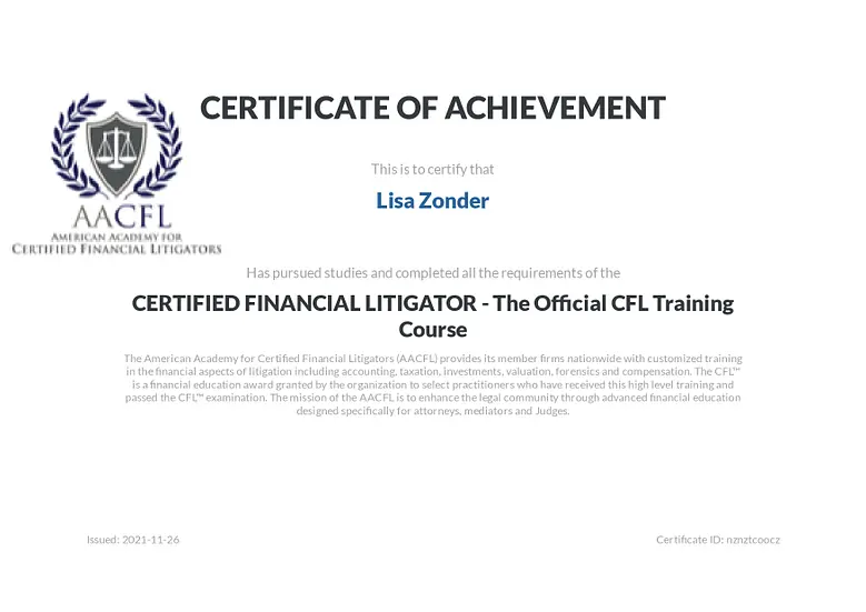 Certificate of Achievement Lisa Zonder Official CFL Training Course