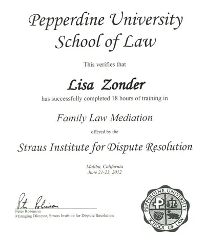 Lisa Zonder's Family Law Mediation Certificate
